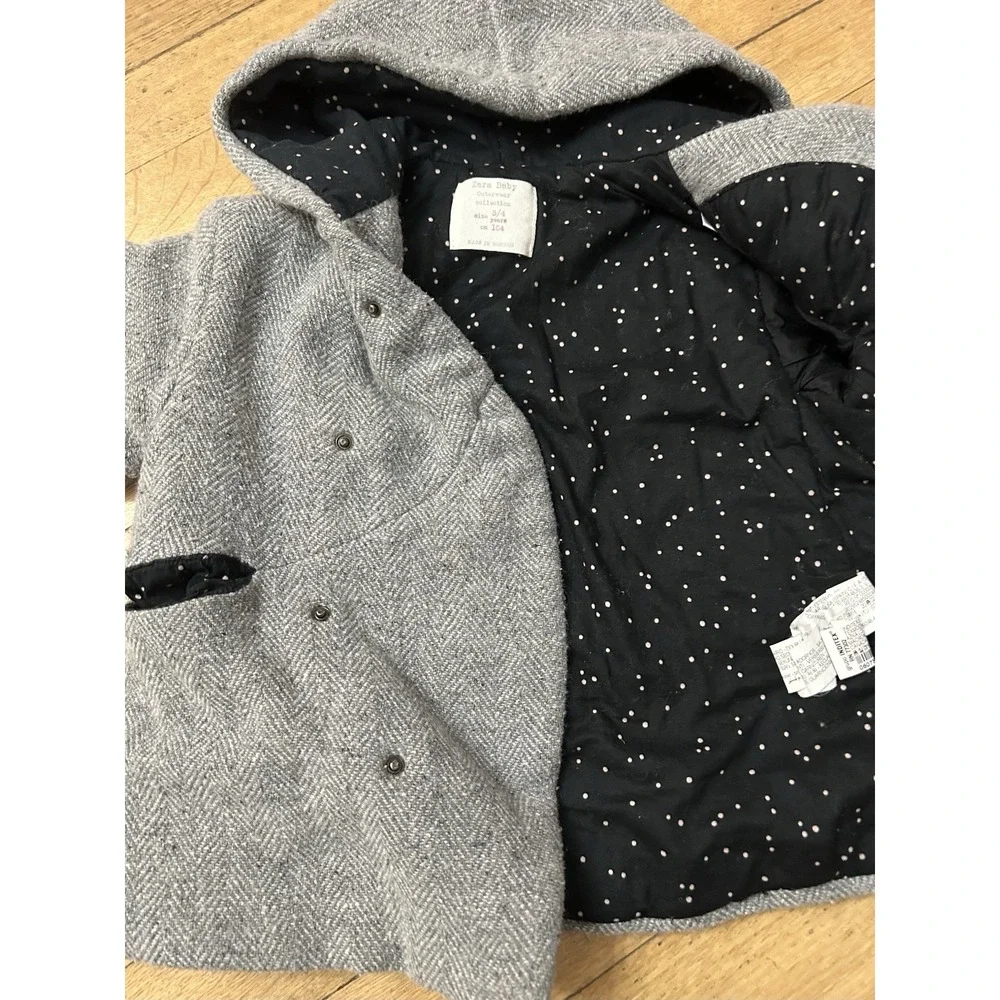 Zara Baby Gray Button Up Parka Jacket Size 3/4 Toddler Herringbone Winter Coat